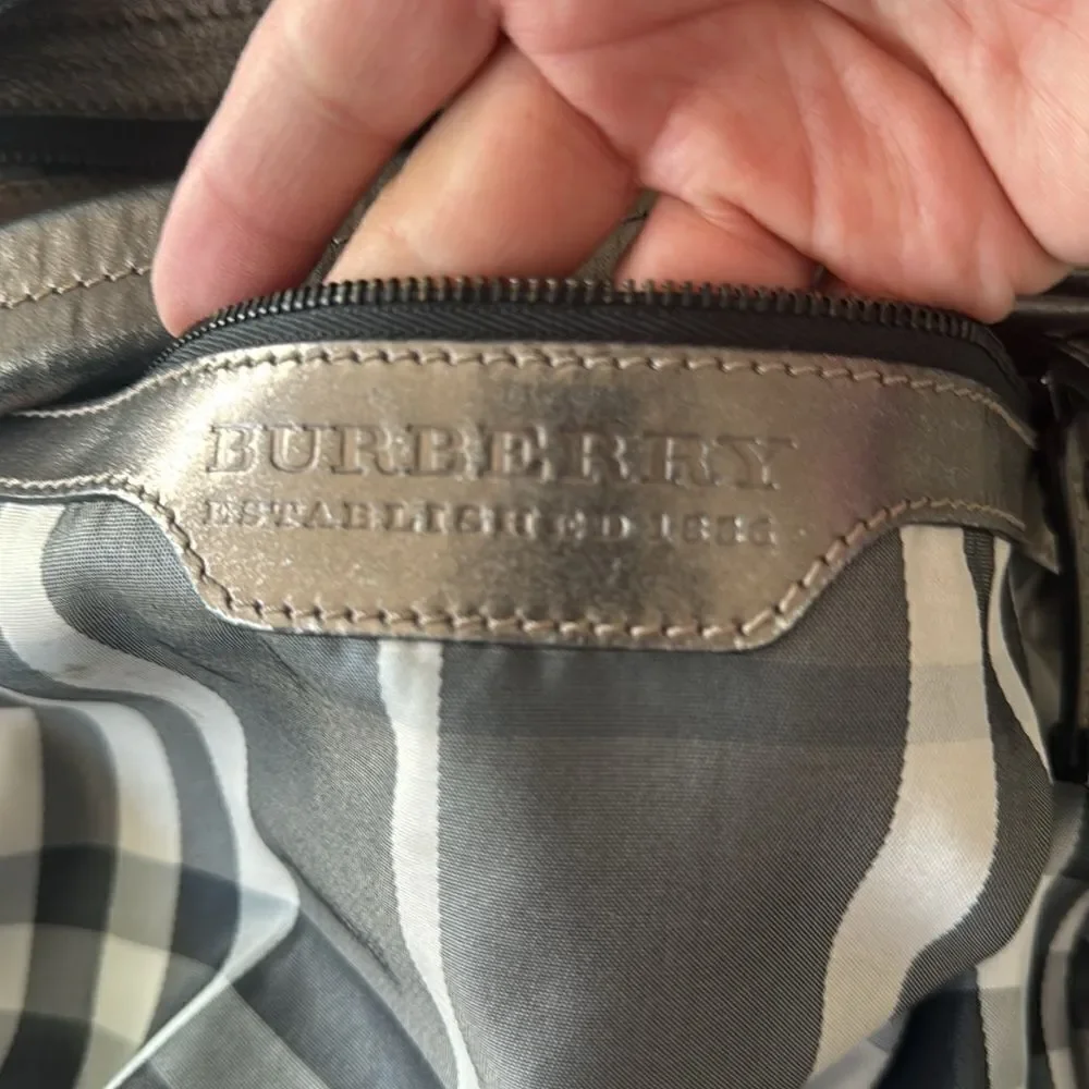 Burberry Warrior Metallic Pewter Leather Satchel Shoulder Handbag Hobo Ruched